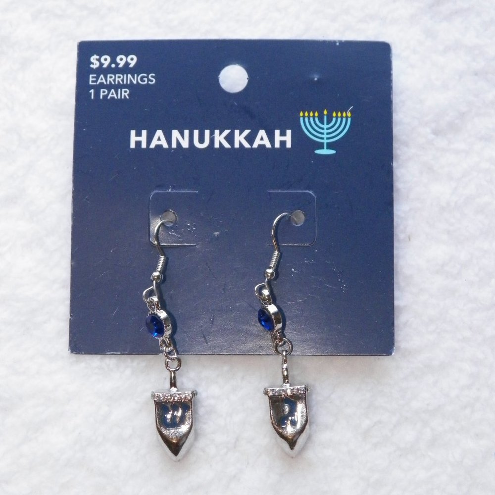 Silver Hanukkah Dreidel 2" Dangling Earrings